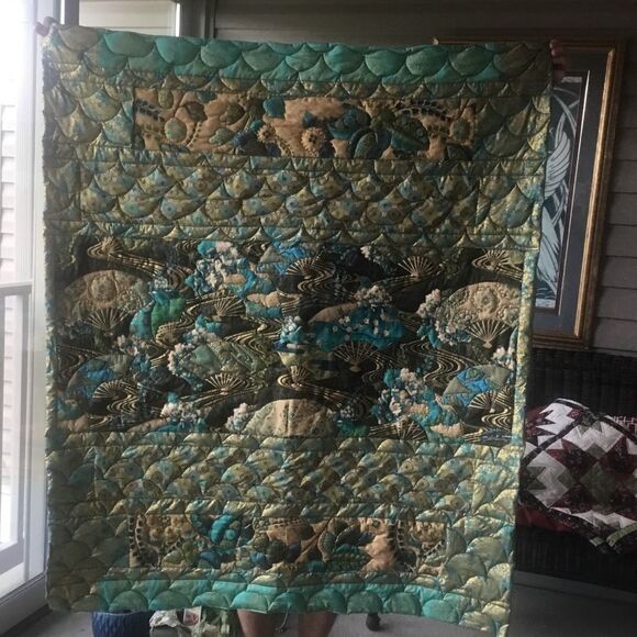 Hand Crafted Turquoise & Gold Quilt - Picture 6 of 16